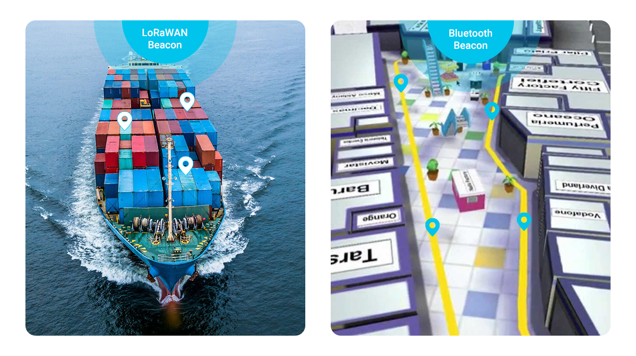 LoRaWAN 비콘은 컨테이너 추적에 사용할 수 있습니다., 및 BLE 비콘은 실내 내비게이션에 사용할 수 있습니다..