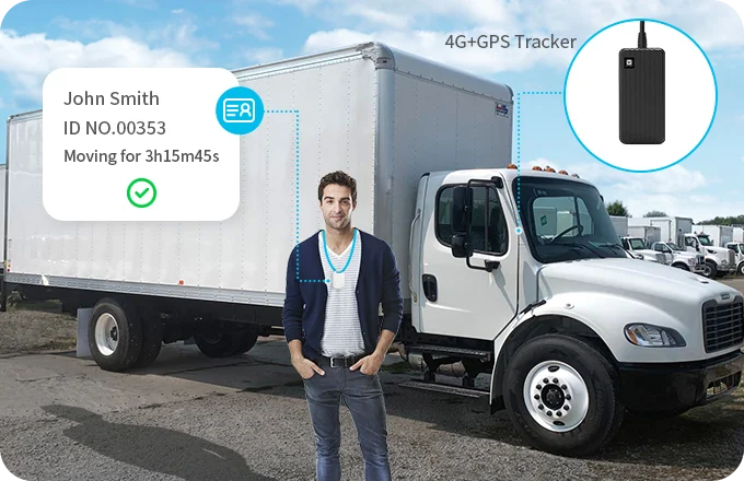 Motorista parado ao lado de um caminhão com um diagrama visual mostrando o motorista identificado e o horário de trabalho. Pequeno dispositivo de rastreamento visível.