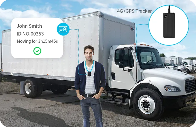Fahrer steht neben Sattelschlepper mit einem visuellen Diagramm, das die Fahreridentität und die Arbeitszeiten zeigt. H8-Taucher-Tag sichtbar.