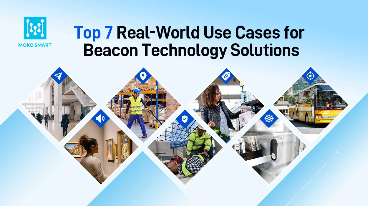 Sieben Anwendungsfälle für die Beacon-Technologie im Rautenlayout mit blauen Symbolen