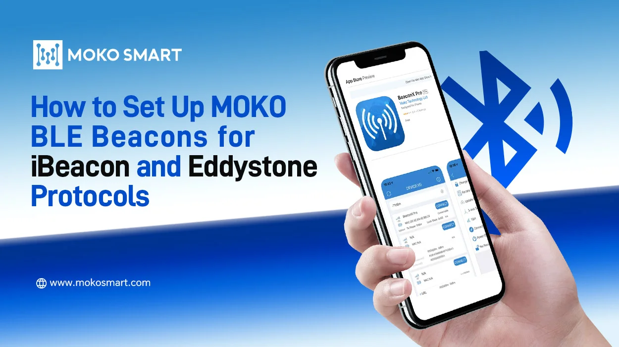 Hand hält ein Smartphone mit der BeaconX Pro-App-Oberfläche zum Konfigurieren von MOKO-Beacons mit iBeacon und Eddystone