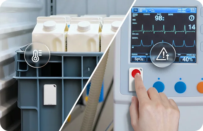 M4P monitoring temperature in logistics and M4PB used for maintenance alerts in healthcare equipment.