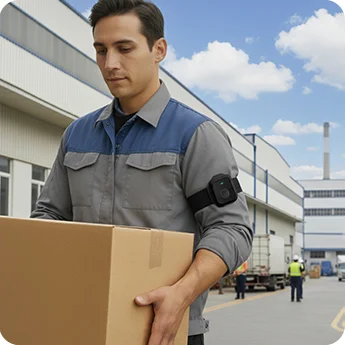 Factory worker carrying box with LW014 emergency device strapped to upper arm