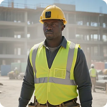 Construction worker wearing LW014 panic button mounted on safety helmet at job site