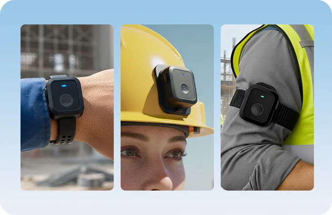 LW014 safety device worn on wrist, mounted on helmet and strapped to arm on construction site