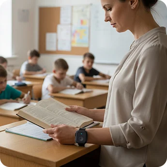 Teacher in classroom wearing LW014 panic button wristband for school safety
