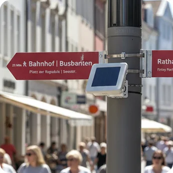 LW003 Ultra solar-powered gateway installed on city wayfinding sign for smart city IoT applications