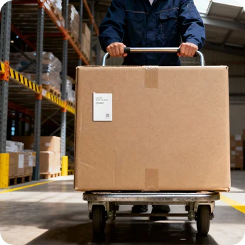 LW015 smart label tracking a large carton on a trolley in a warehouse.