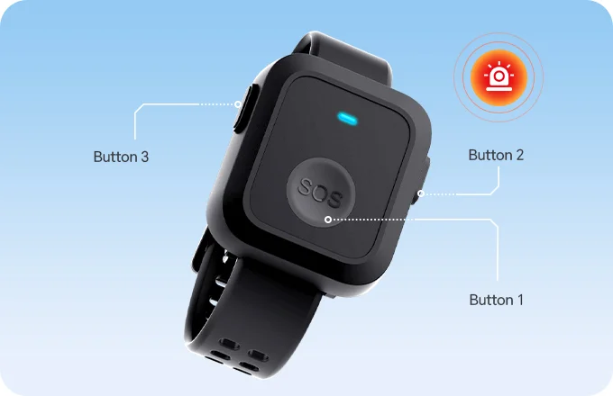 LW014 LoRaWAN panic button wristband showing three alarm buttons