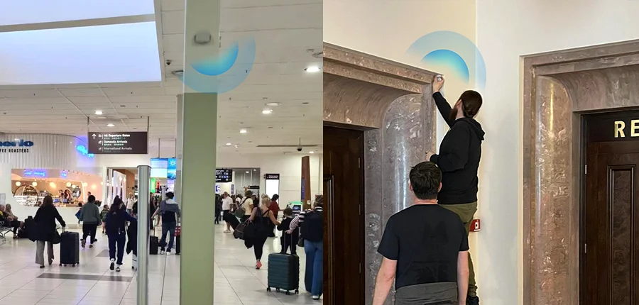 Navigation intérieure par balises BLE dans un aéroport et un couloir de bâtiment, montrant l'emplacement et l'installation des balises pour l'orientation.