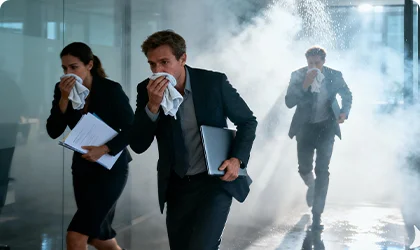 Office staff evacuating a building for digital mustering and safety.