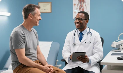 Doctor and patient in a clinic for healthcare staff security tracking.