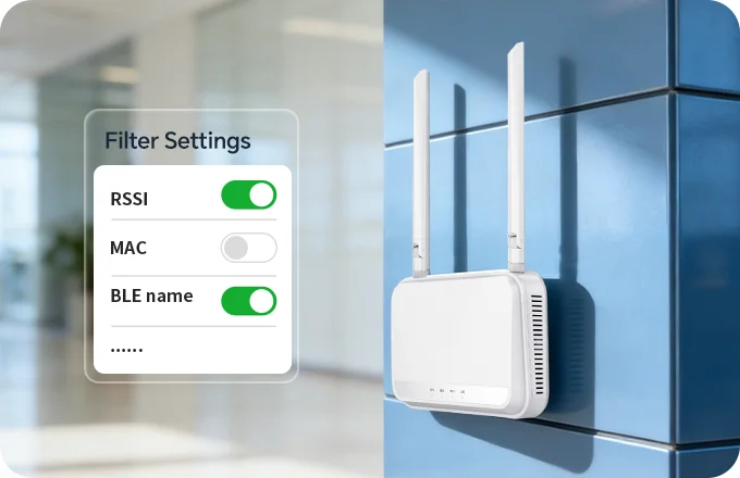 MKGW8 BLE gateway wall-mounted in office with customizable filter settings panel showing RSSI, MAC, and BLE name options