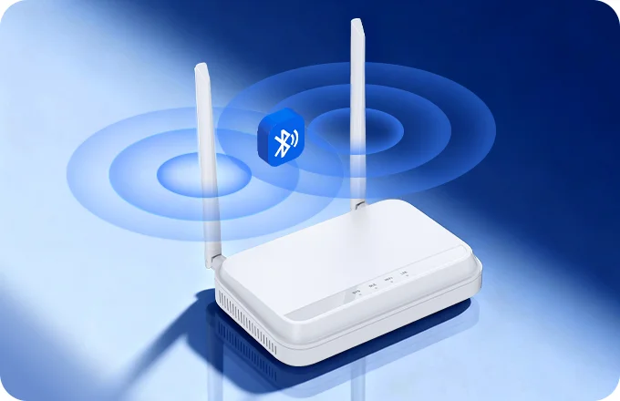 MKGW8 dual-module BLE gateway with Bluetooth 5.0 scanning signal waves radiating from dual external antennas