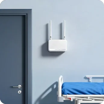 MKGW8 LTE BLE gateway wall-mounted in hospital room for patient safety management and staff location tracking