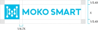 MOKO SMART 브랜드 마크의 안전 영역 및 수평 정렬 비율을 보여주는 기술 도면입니다.