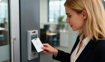 Businesswoman using a smart BLE badge for office attendance tracking.