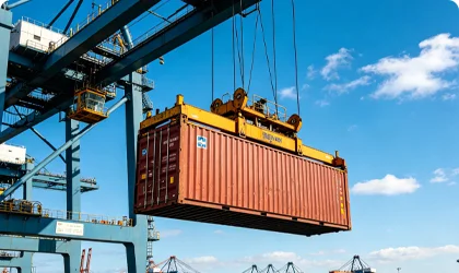 Ein Schiffscontainer in einem Hafen wird mithilfe von LoRaWAN-Geräten mit großer Reichweite verfolgt.