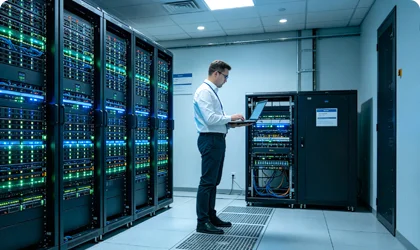 Специалист по информационным технологиям в серверной комнате, отвечающий за мониторинг окружающей среды и оборудования.