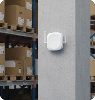 Bluetooth gateway on a warehouse pillar for inventory management.