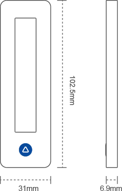 Dessin technique des dimensions de l'étiquette M10 montrant une longueur de 102.5 mm, une largeur de 31 mm et un profil ultra-mince de 6.9 ​​mm.