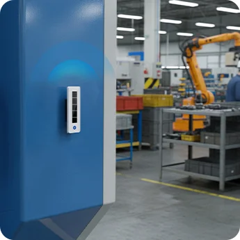 Étiquette M10 montée sur une machine industrielle dans un environnement d'usine automatisé.