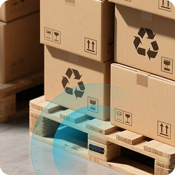 M11 pallet tracking tag mounted on a pallet stack for real-time location tracking in warehouse storage
