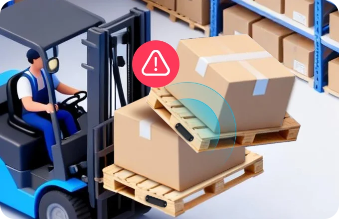 M11 pallet tracker detecting impact alert on a tilted pallet load during forklift handling