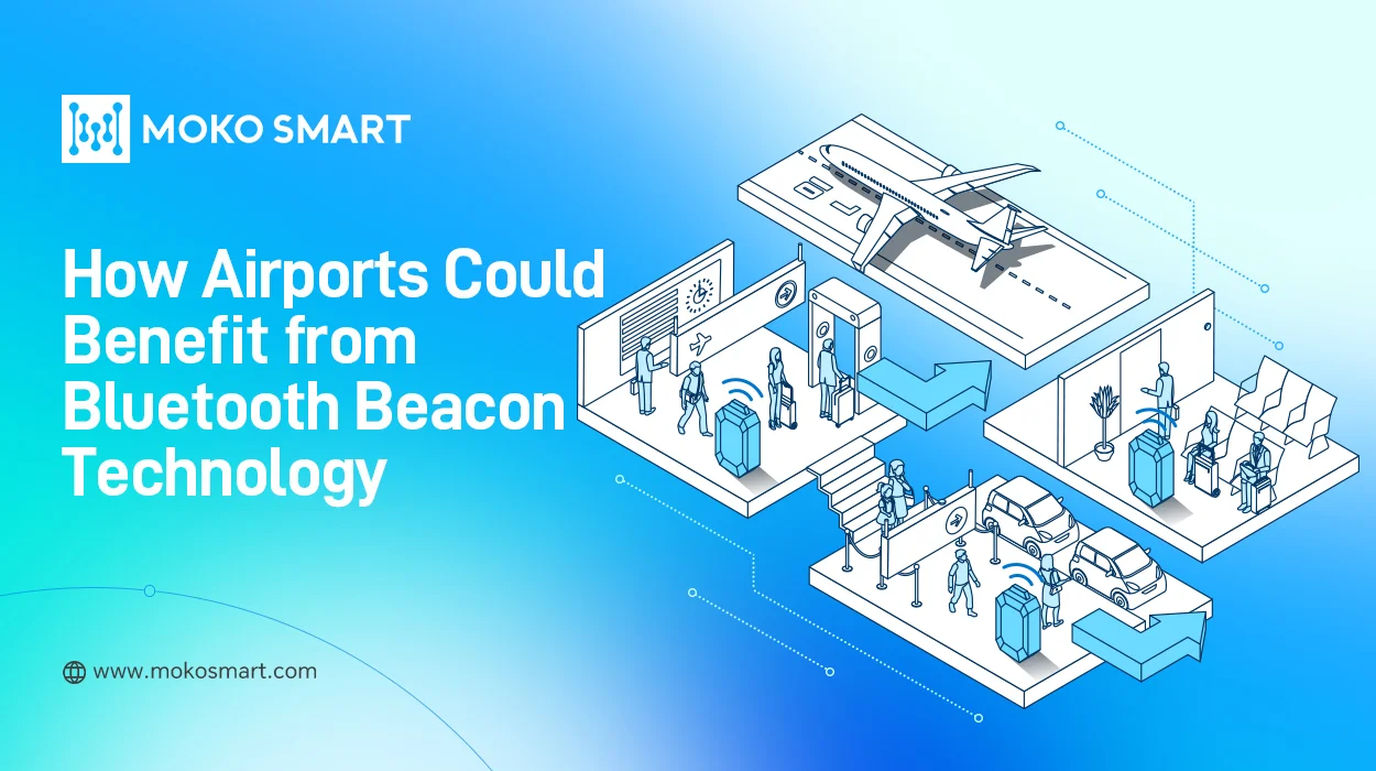 Illustration showing Bluetooth beacons in airports applied to terminals, security, and ground transport.