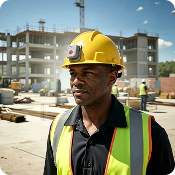 Construction worker wearing the LW014 panic button on a helmet