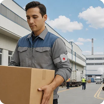 Industrial worker wearing the LW014 panic button on an armband