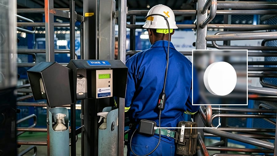 Mine worker using headlamp with integrated BLE beacon for safety monitoring