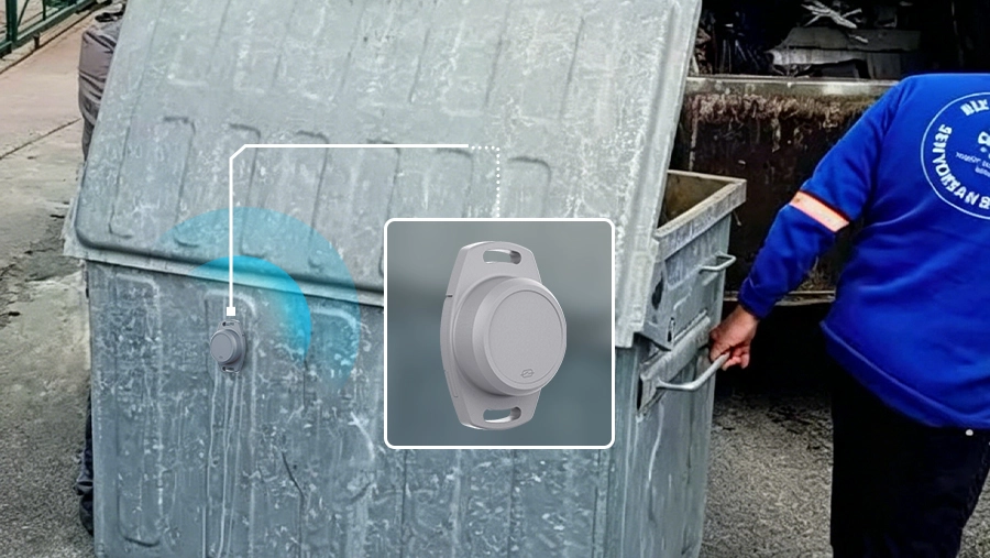 M2 tracking tag on metal trash bin provides monitoring for smart waste management.